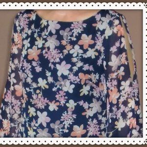 Kensie Dress Boat Neck Floral Print on Dark Navy Background  Sz 10